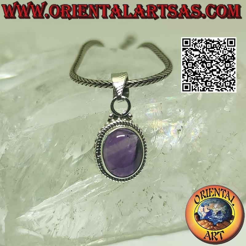 Pendentif en argent avec cabochon ovale améthyste, tissage et boules