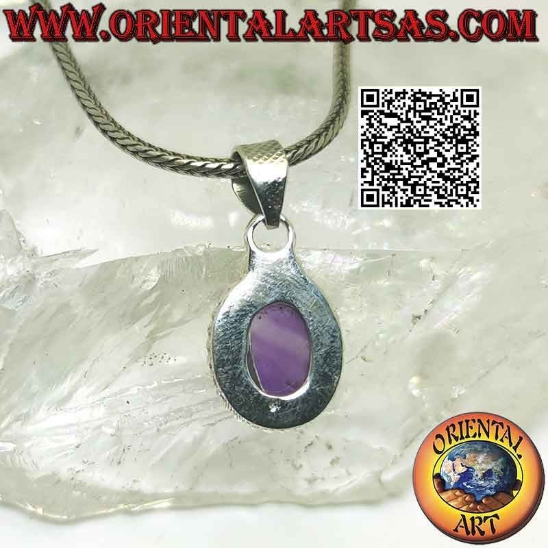 Ciondolo in argento con ametista ovale cabochon, intreccio e palline