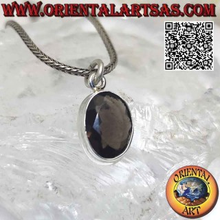 Silver pendant with faceted oval smoky quartz on high smooth frame with border