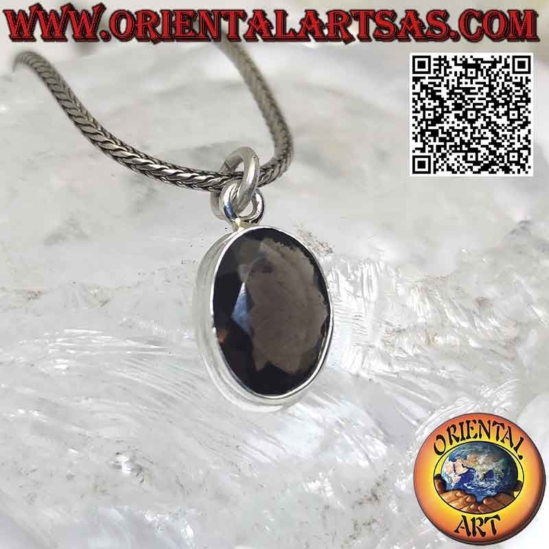Silver pendant with faceted oval smoky quartz on high smooth frame with border