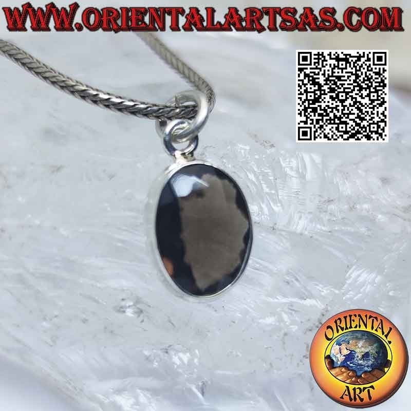 Colgante de plata con cuarzo ahumado ovalado en montura alta lisa
