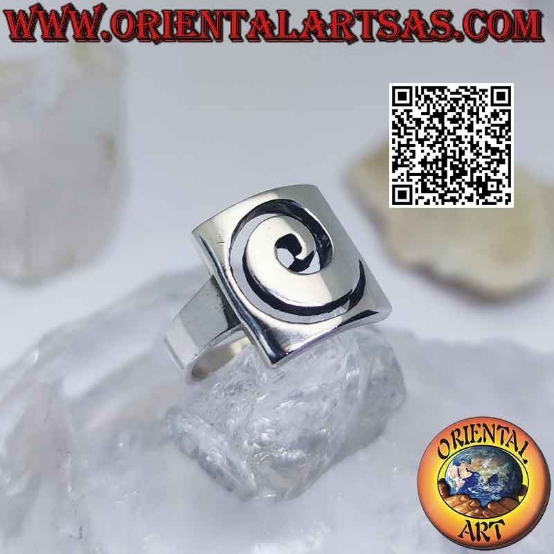 Smooth silver ring with spiral opening on a rectangular plate
