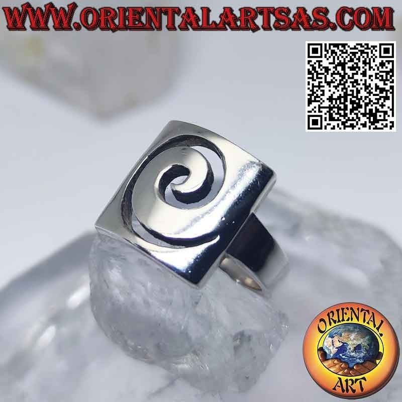 Smooth silver ring with spiral opening on a rectangular plate
