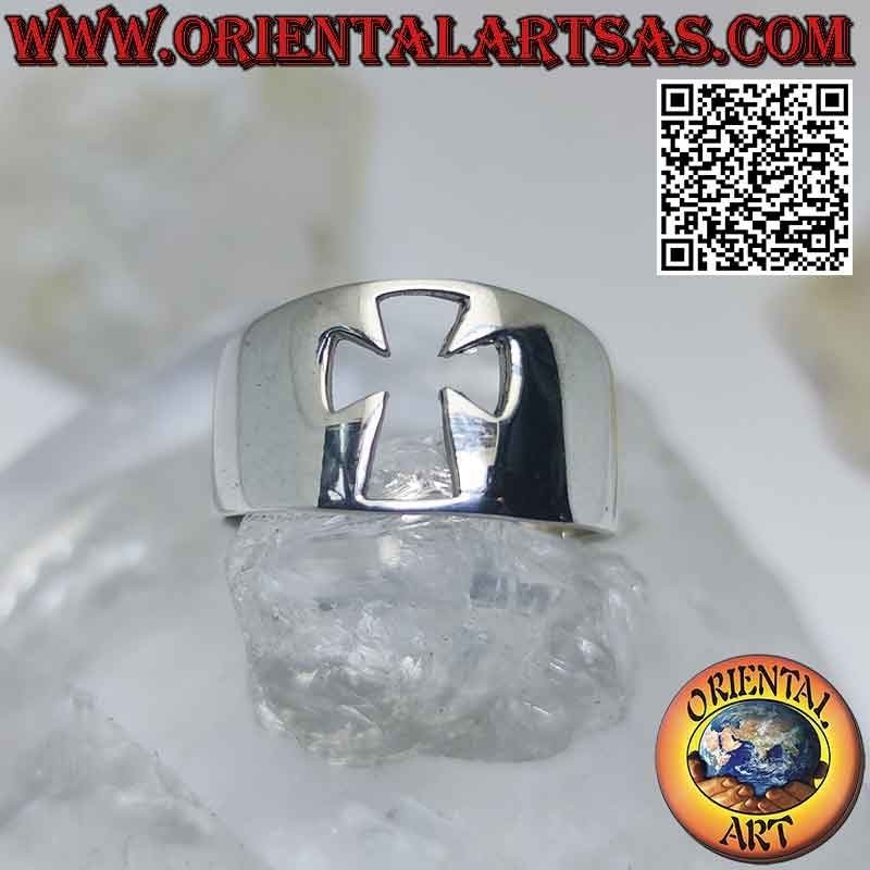 Bague en argent lisse avec bande croissant avec croix ajourée