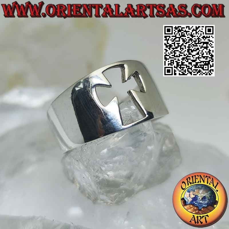 Smooth silver ring with crescent band with pierced cross