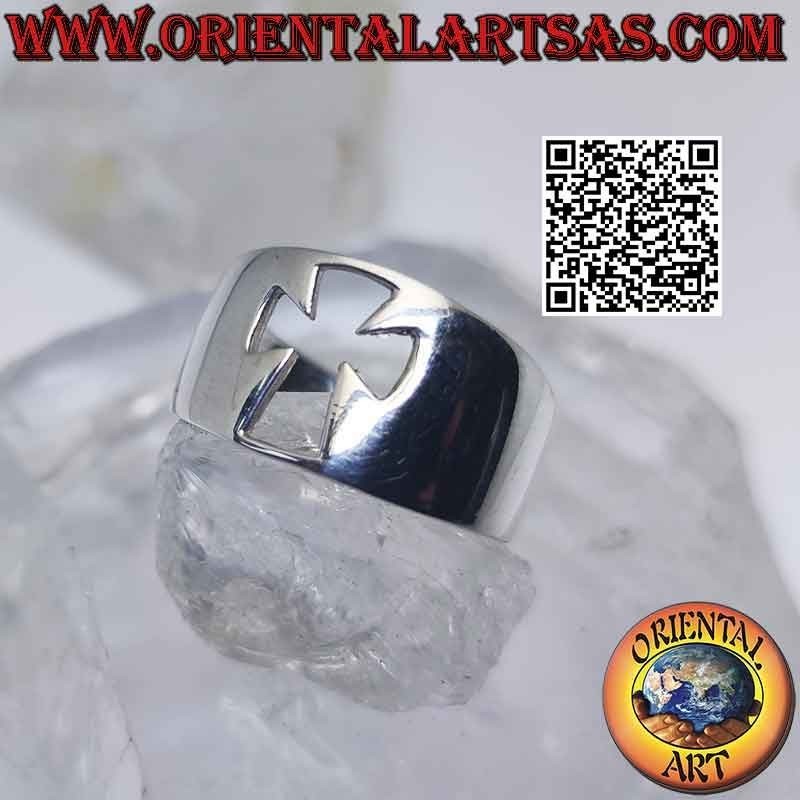 Smooth silver ring with crescent band with pierced cross