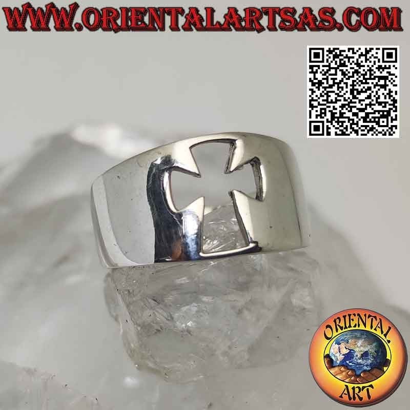 Bague en argent lisse avec bande croissant avec croix ajourée