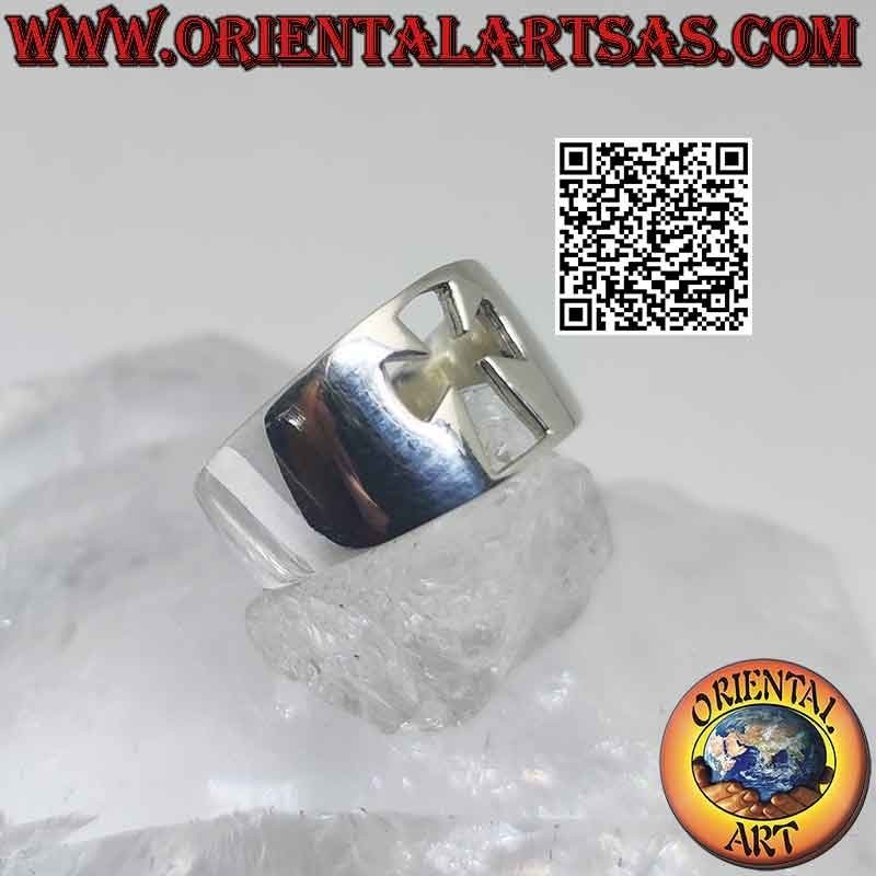 Smooth silver ring with crescent band with pierced cross