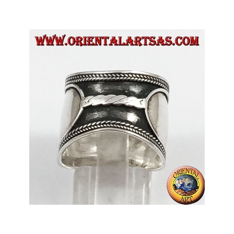 Anello fascia larga in argento, Bali, treccia centrale