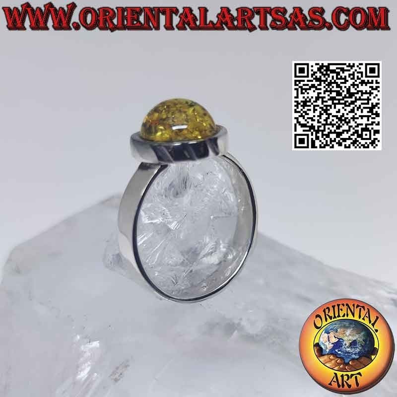 Anillo de plata con ámbar redondo verde y banda lisa de 4 mm