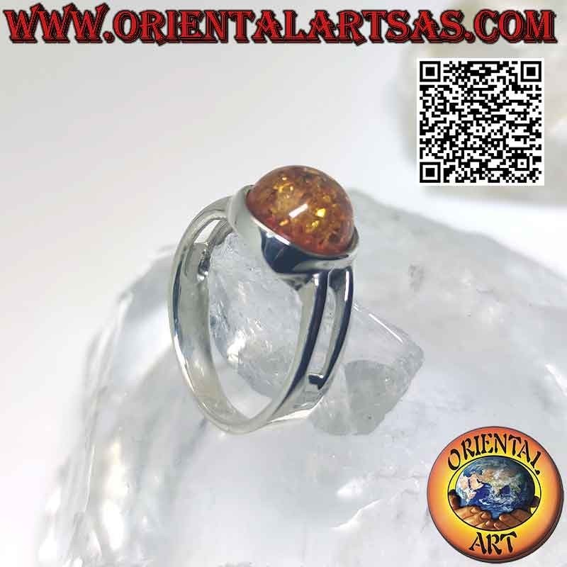 Silver ring with round cabochon amber and double asymmetrical hook