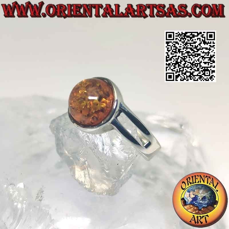 Silver ring with round cabochon amber and double asymmetrical hook