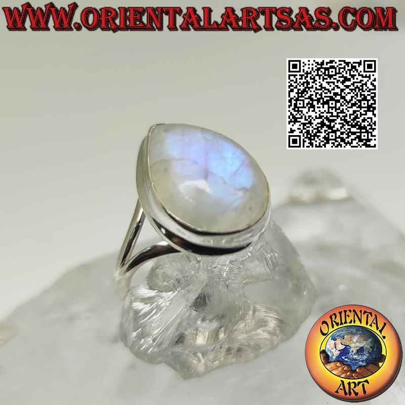Silver ring with large teardrop rainbow moonstone