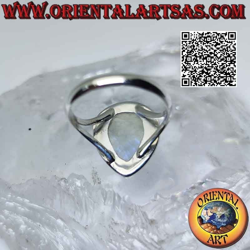 Silver ring with large teardrop rainbow moonstone