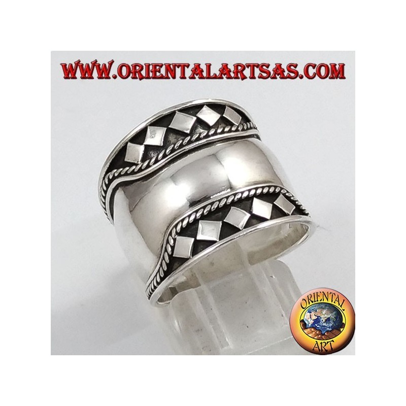Silver wide band ring, Bali, rhombus