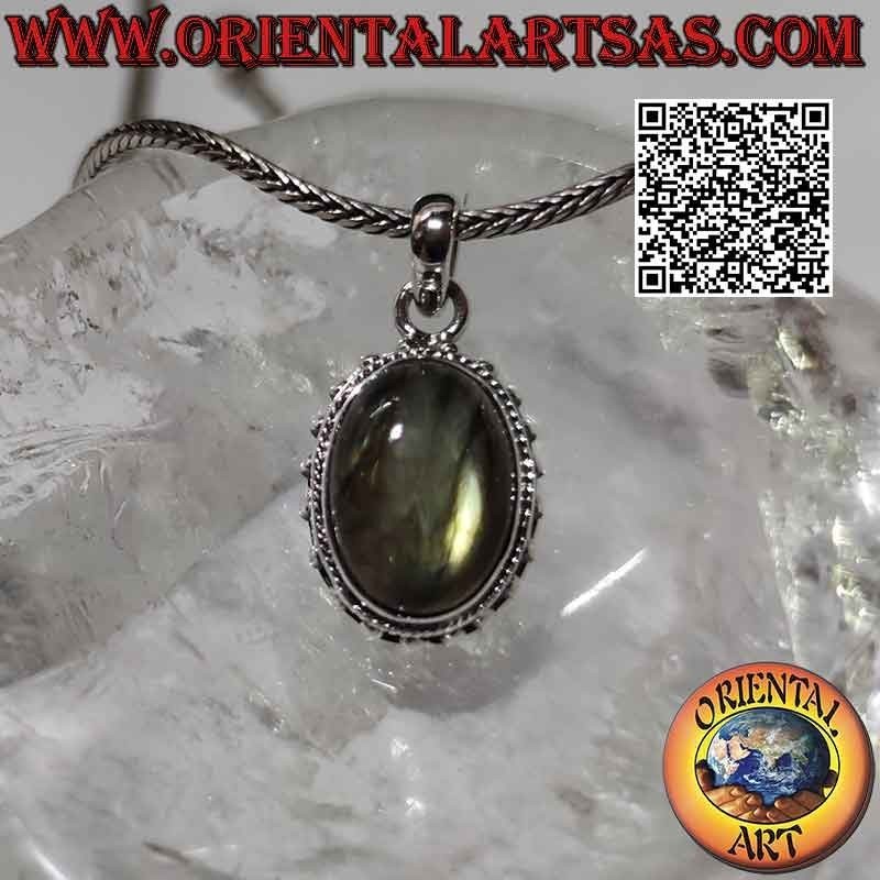 Silver pendant with oval labradorite, intertwining and spaced balls