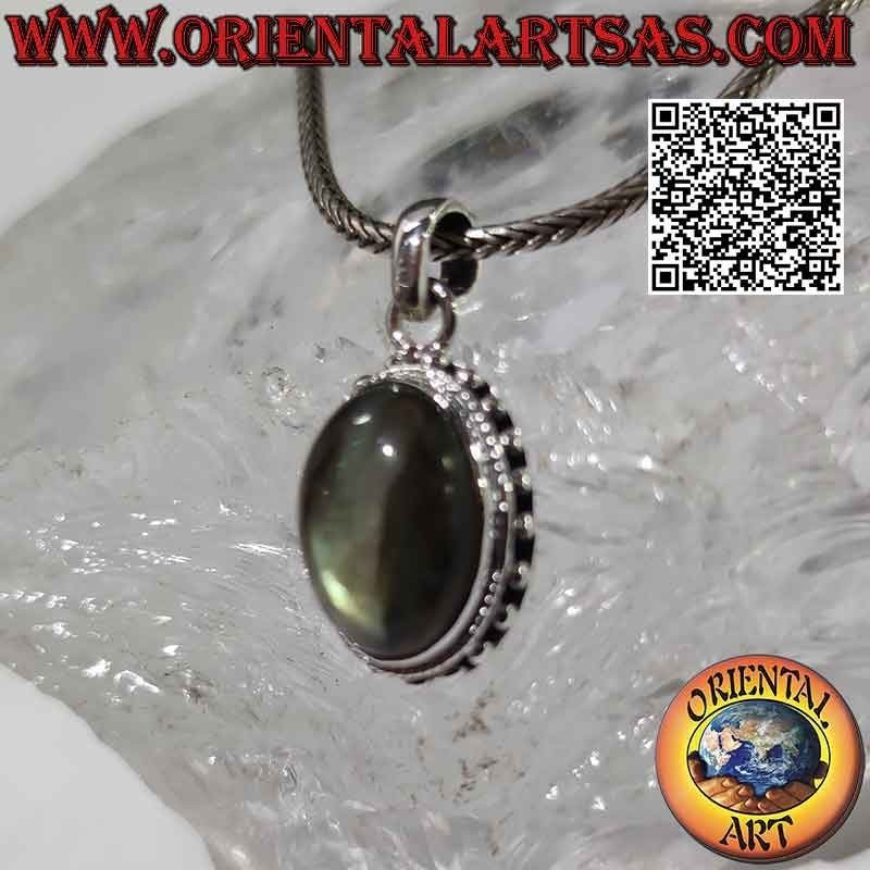 Silver pendant with oval labradorite, intertwining and spaced balls