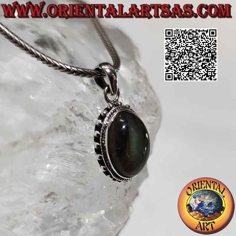 Pendentif en argent avec labradorite ovale, boules entrelacées et espacées