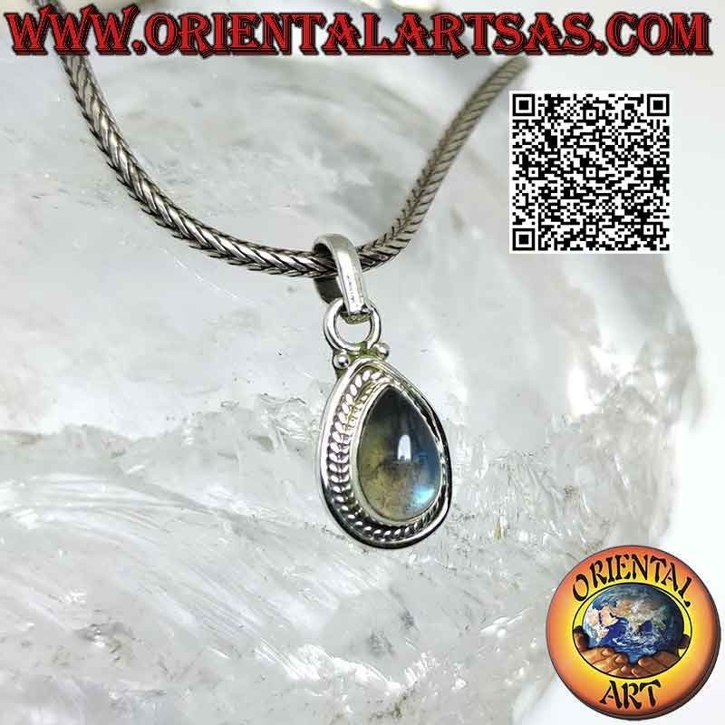 Pendentif en argent avec labradorite en forme de larme, ligne entrelacée et lisse