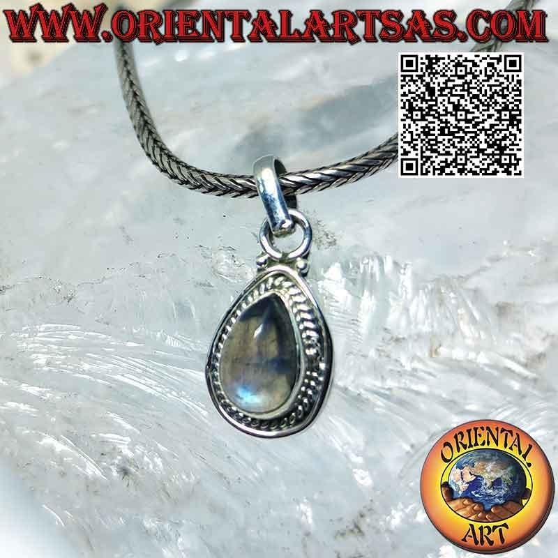 Silver pendant with teardrop labradorite, intertwining and smooth line