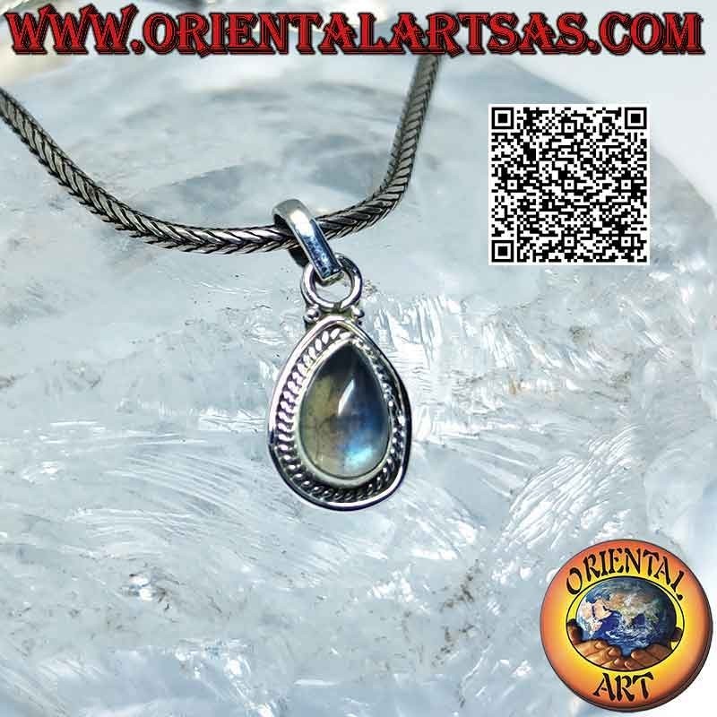 Silver pendant with teardrop labradorite, intertwining and smooth line