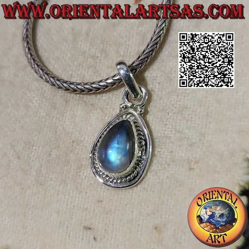 Ciondolo in argento con labradorite a goccia, intreccio e riga liscia