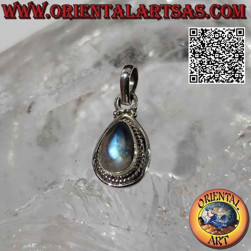 Silver pendant with teardrop labradorite, intertwining and smooth line