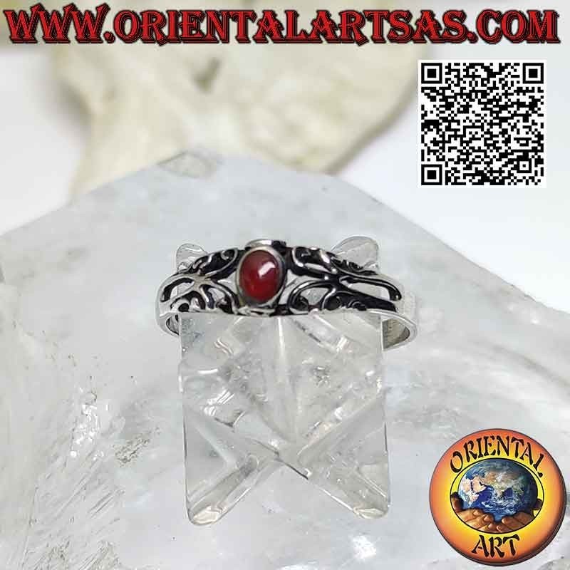 Silver ring with small oval carnelian and openwork decorations
