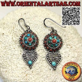 Silver earrings, rounded rosette with Tibetan turquoises and corals and filigree heart below
