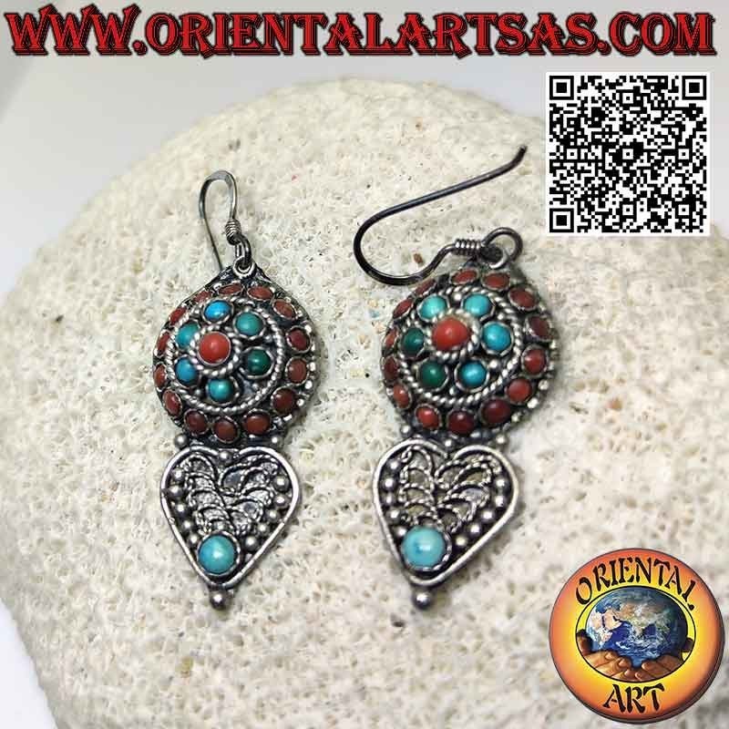 Boucles d'oreilles en argent, rosace avec turquoises et coraux tibétains et coeur