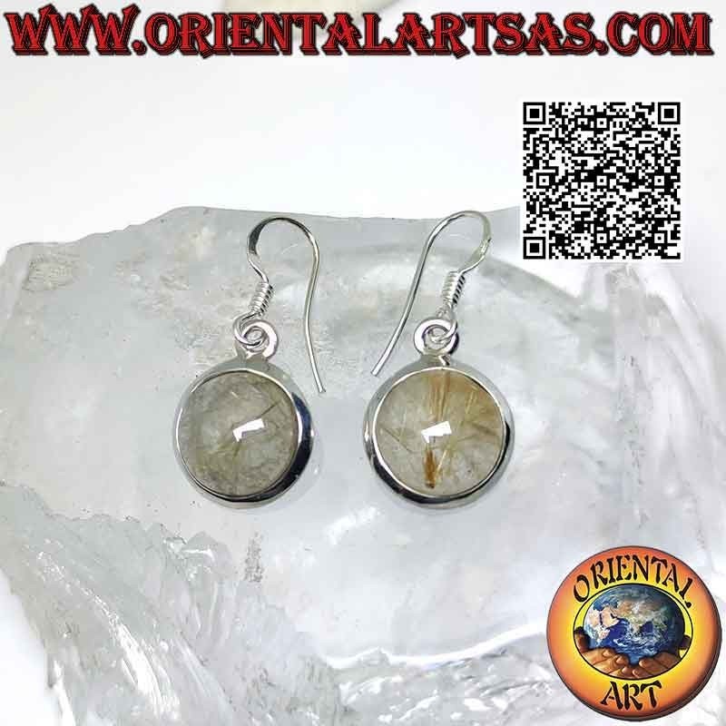Silver earrings with rutilated quartz (golden quartz) round cabochon and smooth edge