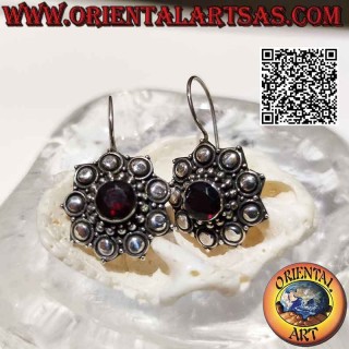 Silver flower earrings with round garnet balls and disks