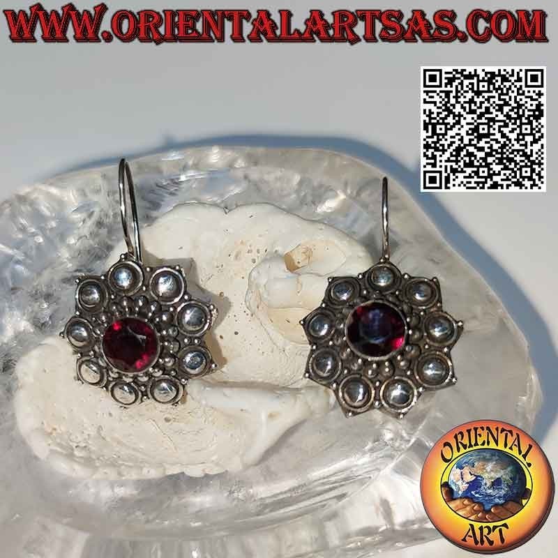 Silver flower earrings with round garnet balls and disks