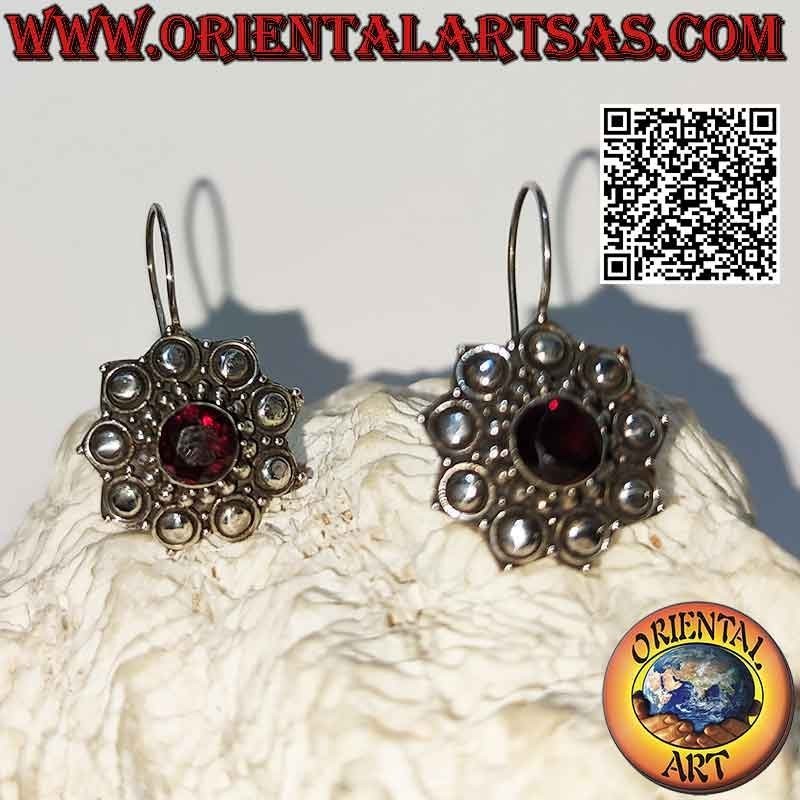 Silver flower earrings with round garnet balls and disks