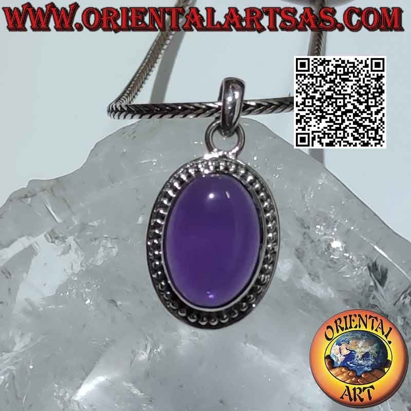 Pendentif en argent avec gros cabochon ovale en améthyste boules et ligne
