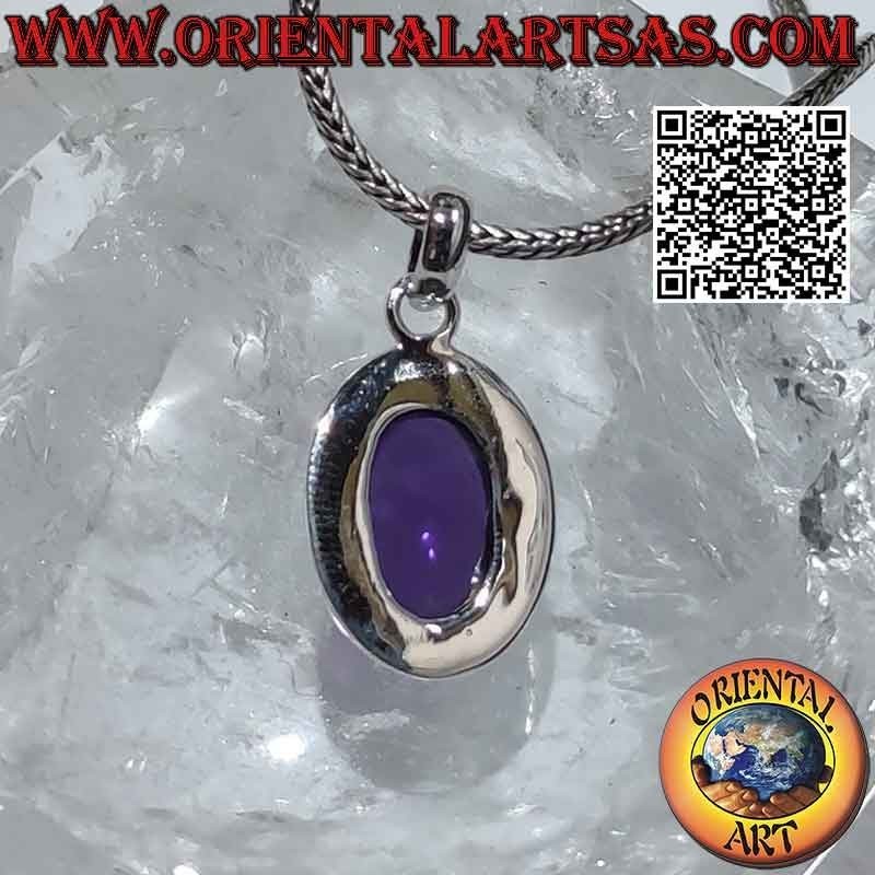 Ciondolo in argento con grande ametista ovale cabochon palline e riga