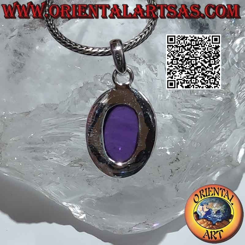 Ciondolo in argento con grande ametista ovale cabochon palline e riga