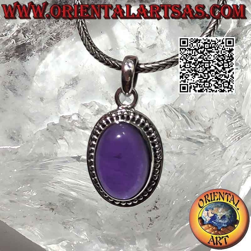 Ciondolo in argento con grande ametista ovale cabochon palline e riga