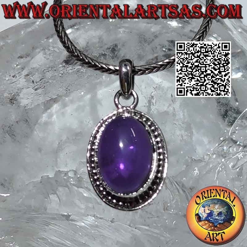 Ciondolo in argento con grande ametista ovale cabochon palline e riga
