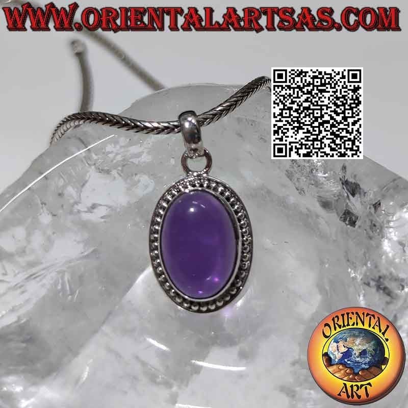 Silberanhänger mit großen ovalen Amethyst-Cabochonkugeln und Linie