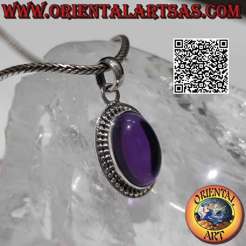 Silver pendant with large oval amethyst cabochon balls and line