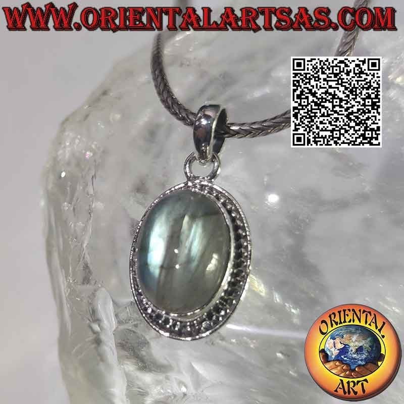 Silver pendant with large oval cabochon labradorite balls and line