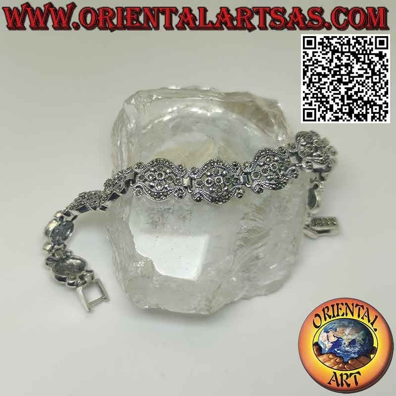 Bracelet en argent 925‰ avec 10 paires de vagues avec une fleur centrale sertie de marcassite