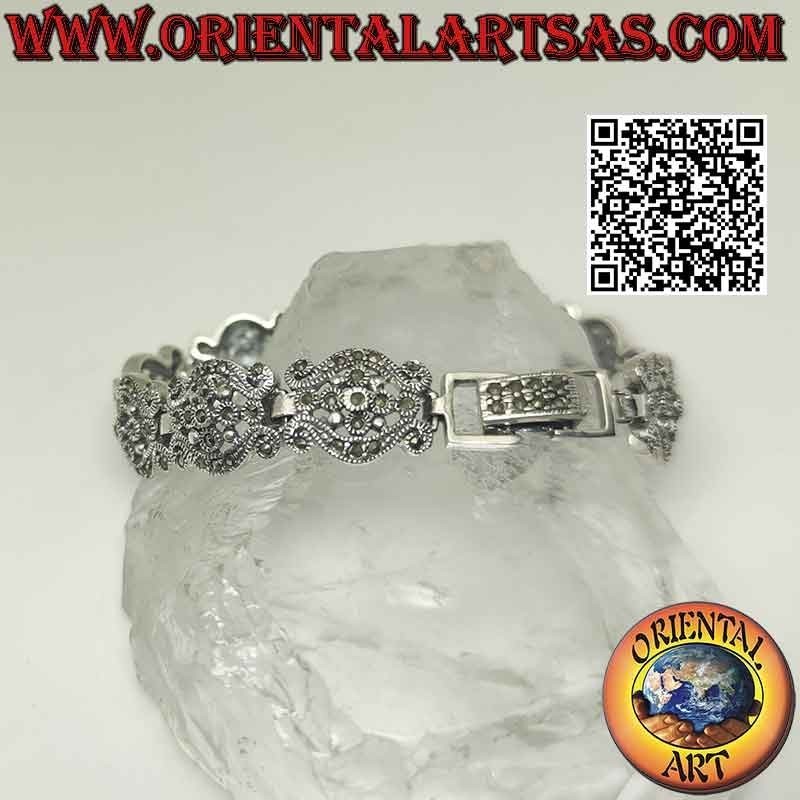 Bracelet in 925‰ silver with waves with central flower and marcasite