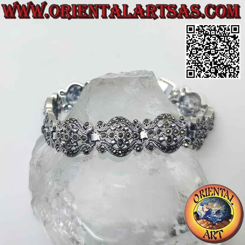 Armband aus 925‰ Silber mit Wellen mit zentraler Blume und Markasit