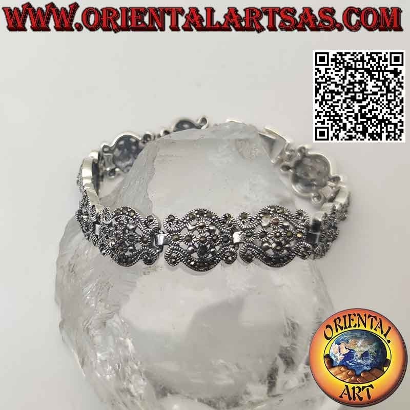 Armband aus 925‰ Silber mit Wellen mit zentraler Blume und Markasit