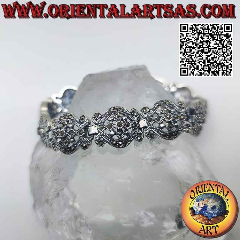 Bracelet in 925‰ silver with waves with central flower and marcasite