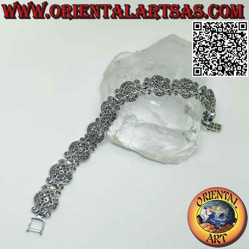 Bracelet en argent 925‰ avec vagues avec fleur centrale et marcassite