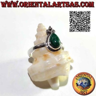 Bague en argent avec cabochon goutte malachite, bord lisse et couronne de lys