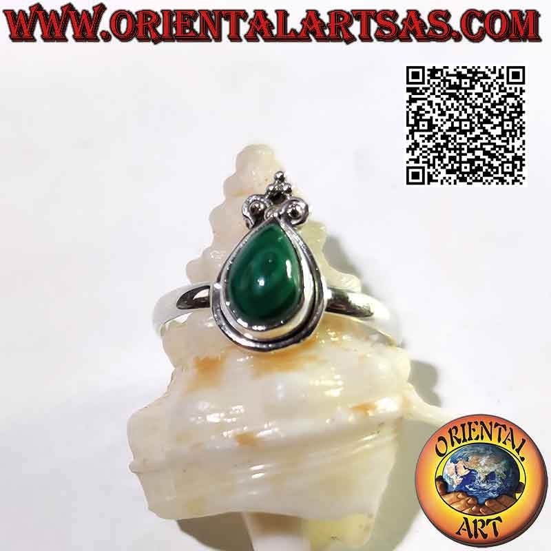 Silver ring with cabochon drop malachite, smooth edge and crown lily
